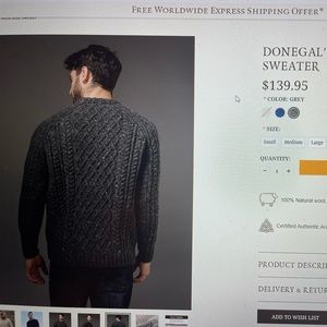 Made in Ireland. Donegal’s Crew Neck Aran Sweater (New)